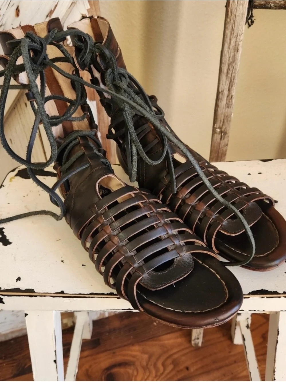 freebird Dark Brown Leather Lace-Up Gladiator Sandals